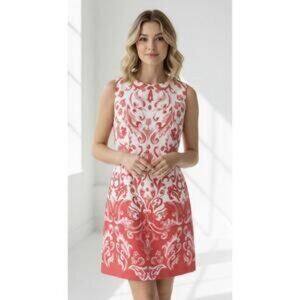 Ralph Lauren Coral Pink & White Scroll Sleeveless Shift Dress Size 14